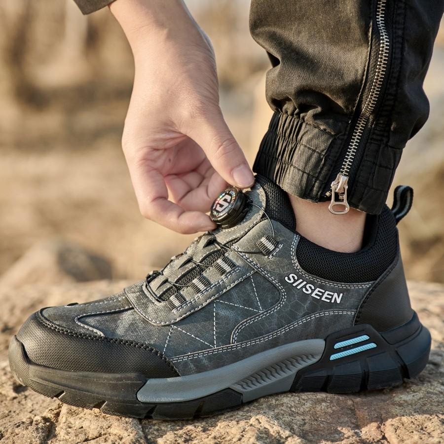 Men's Steel-Toed Safety Shoes With Anti-Crush, Anti-Puncture And Anti-Slip Soles, Fashionable Button Industrial Work Shoes