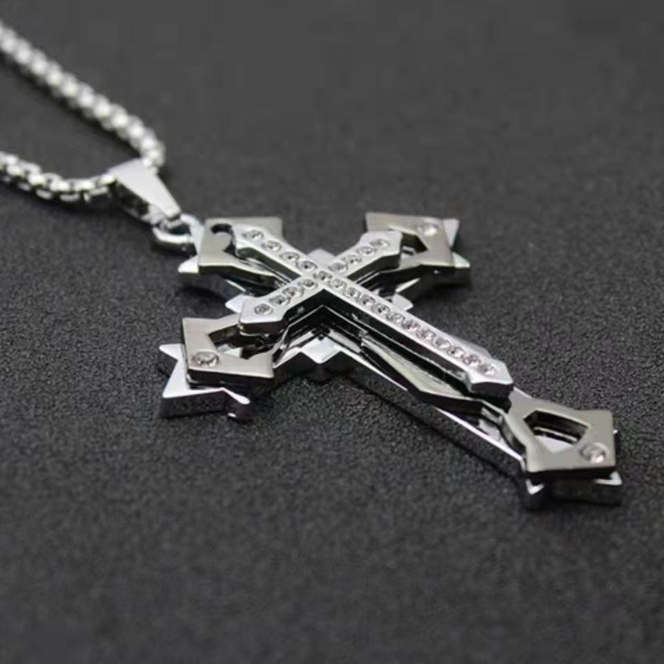 Korean Style Men's Three-Layer Cross Titanium Steel Necklace - Trendy, Non-Fading, Hip-Hop Pendant