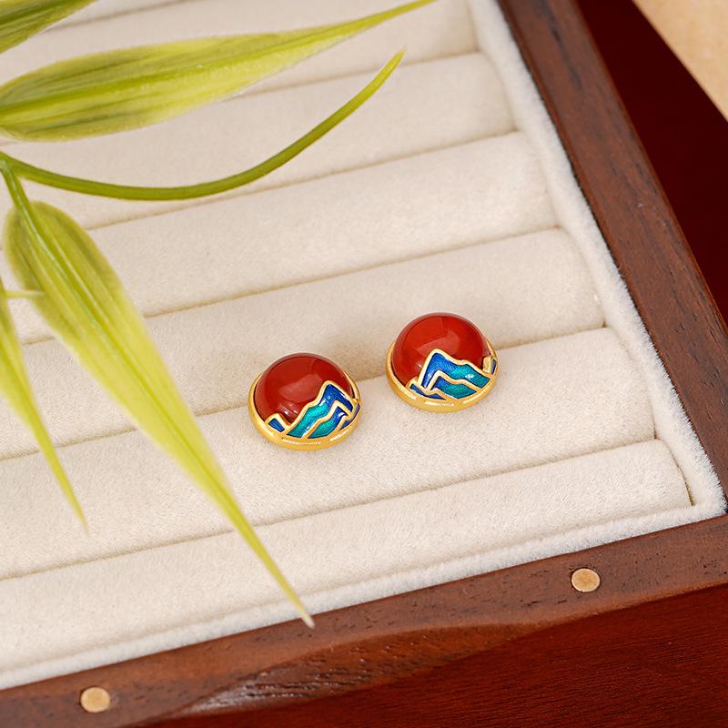 Tichiya Red Agate Mountain and River Earrings for Women - S925 Sterling Silver, Retro National Trend, Zodiac Year Design S925 Silver