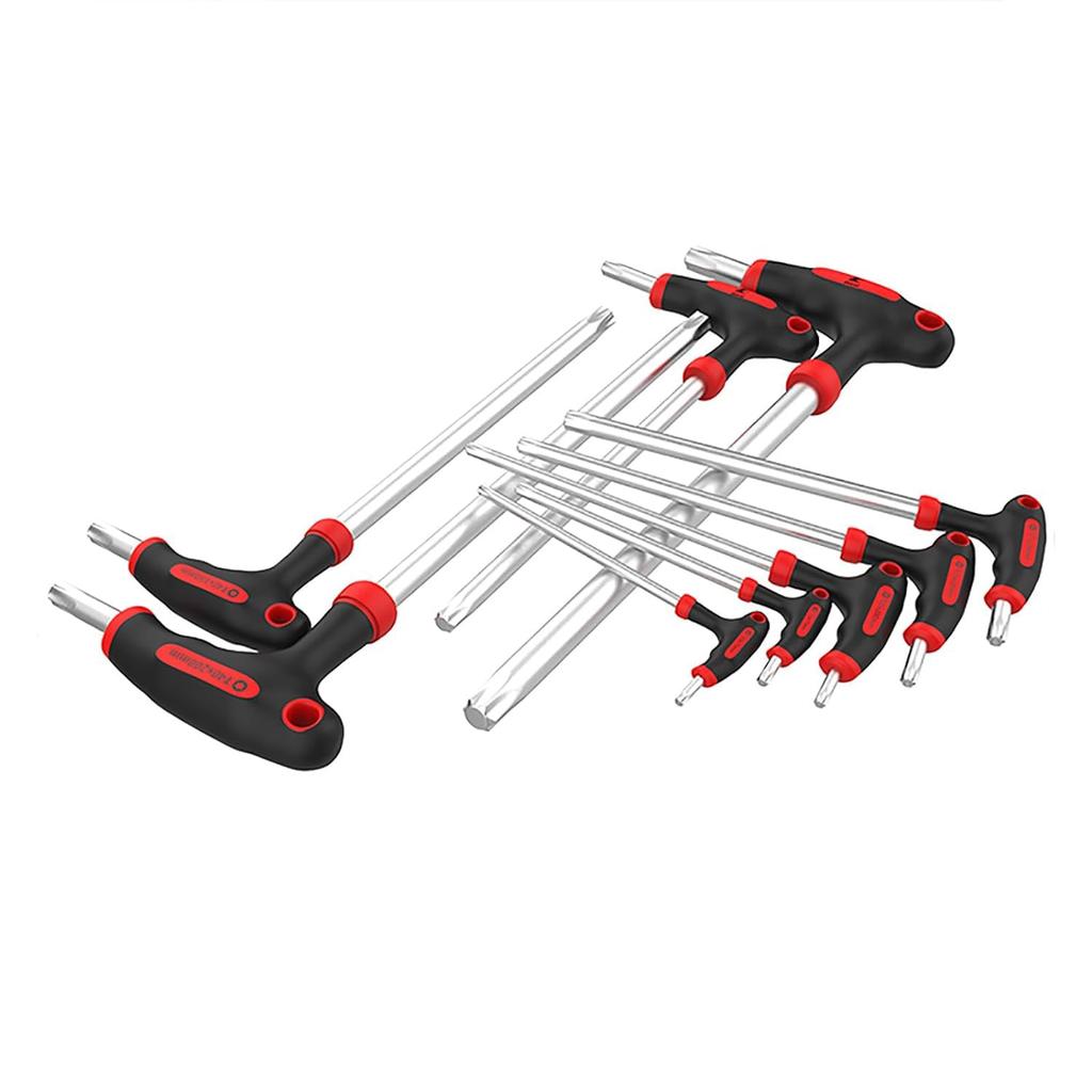 KEWAYO Hex Wrench Hex Key Allen Chrome Vanadium Star for Car and Machine Repair 9-Piece Set, T-Handle Wrench, Steel, Shape, T10, T15, T20, T25, T27,