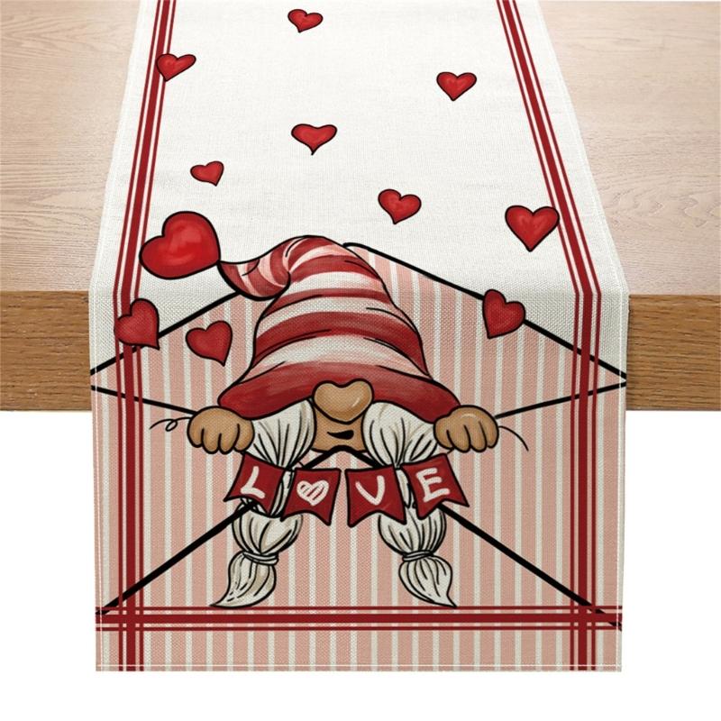 Valentines Day Linen Table Runner Wedding Decoration Heart Gnome Couple Table Runner Tablecloth for Dining Table Decor