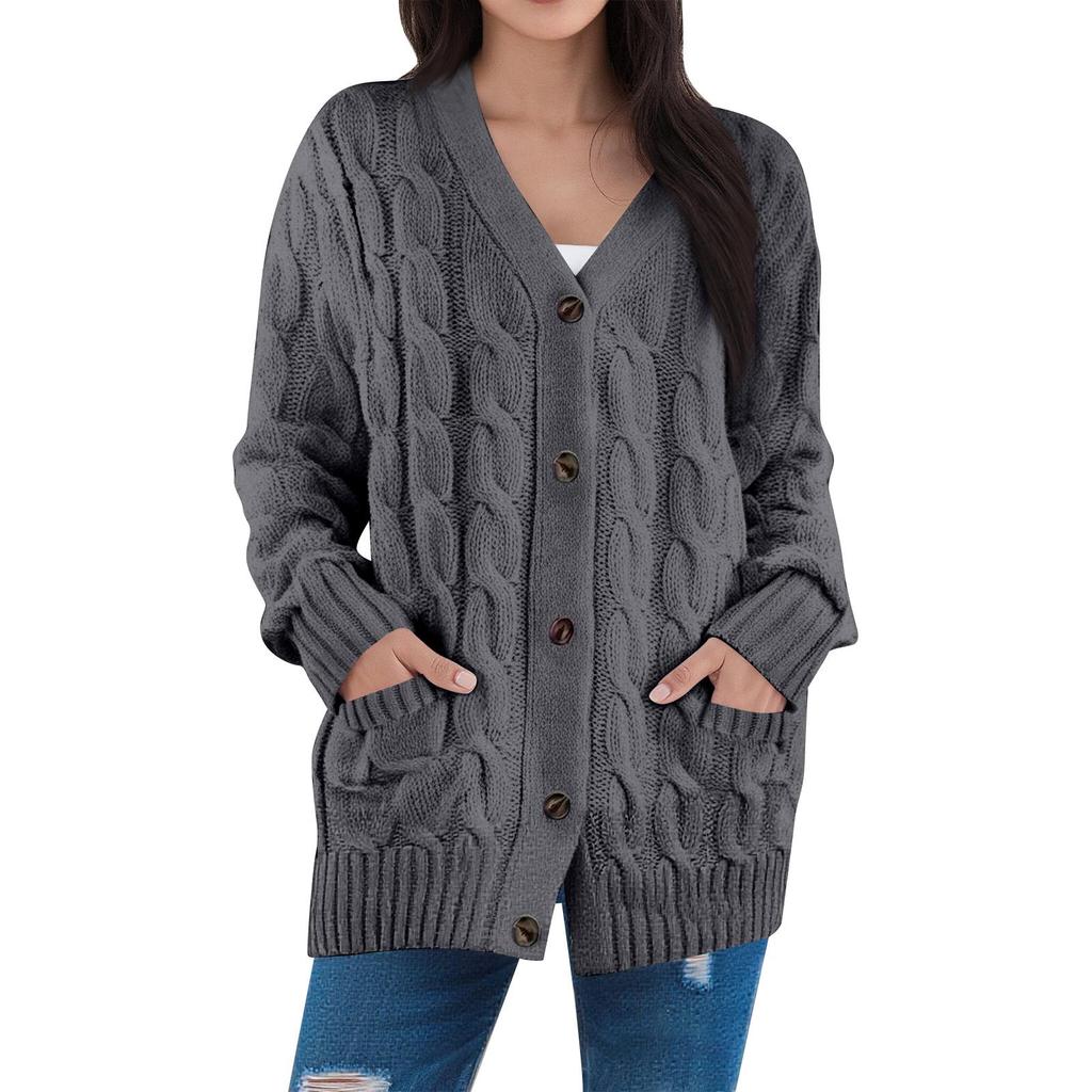 Damski Modny Kardigan w Jednolitym Kolorze, Swobodna Kurtka Kardigan Zapinana na Guziki z Dzianiny Kablowej