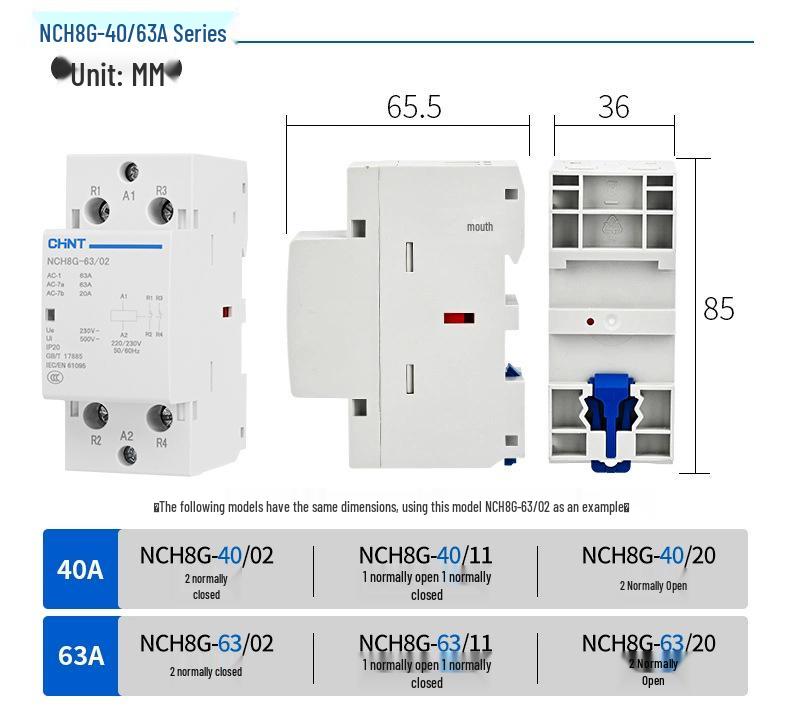 Zhengtai NCH8G AC Contactor: 2P Rail 4P, 220V Single-Phase, 20A/25A/40A/63A, Quiet Operation
