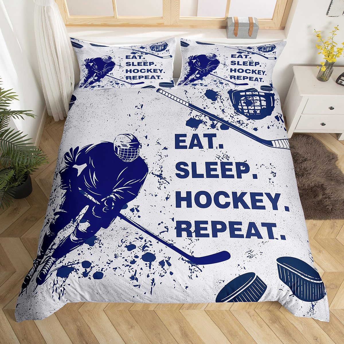 

Graffiti Ice Hockey Duvet Cover Winter Sport Bedding Set Kids Boys Hockey Player Comforter Cover Watercolor Sports Quilt Cover 150*200cm 3pcs