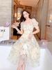 Elegant 2026 Summer Floral Chiffon Dress with Puff Sleeves and Slim Waist