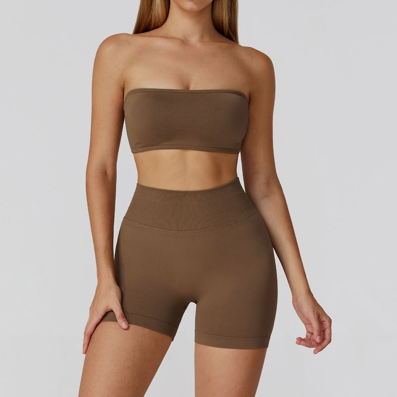 

Seamless Yoga Suit Women s Hollow-out Beauty Back High Waist Yoga Clothes Running Exercise Workout Outfit Strap Showing Chest Pad Elastic 7026 Bra +7026 shorts-Cocoa Brown L