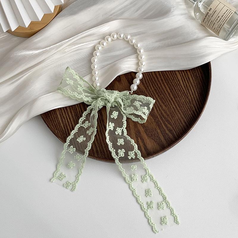 Collarbone Chain Versatile Spring and Autumn Fashion Neck Care Silk Scarf Headband Pearl Necklace Tie Hair Band Lace Streamer