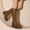 Western Cowboy Vintage Maillard Women's Boots Leather Coarse Heel Tall Boots Square Head Sleeve Knight Boots Brown Fashion Boots