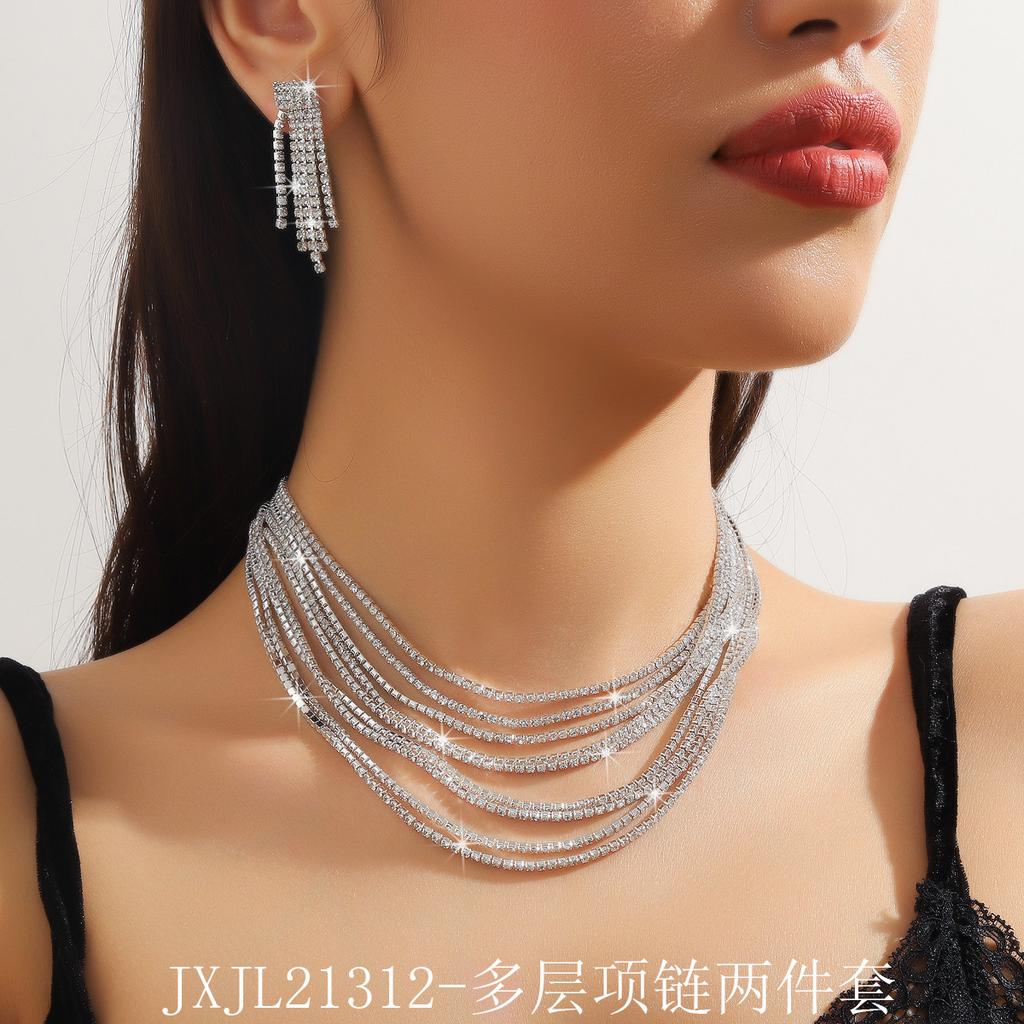 Claw Chain Series Multi-layer Rhinestone Exaggerated Necklace Earrings Set Dinner Collarbone Necklace