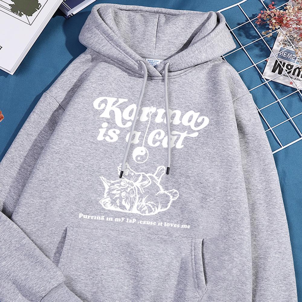 Karma Is A Cat White Sketch Printed Hoodie Female Basics Simple Sweatshirts Leisure Loose Sportwear Street Oversized Clothing