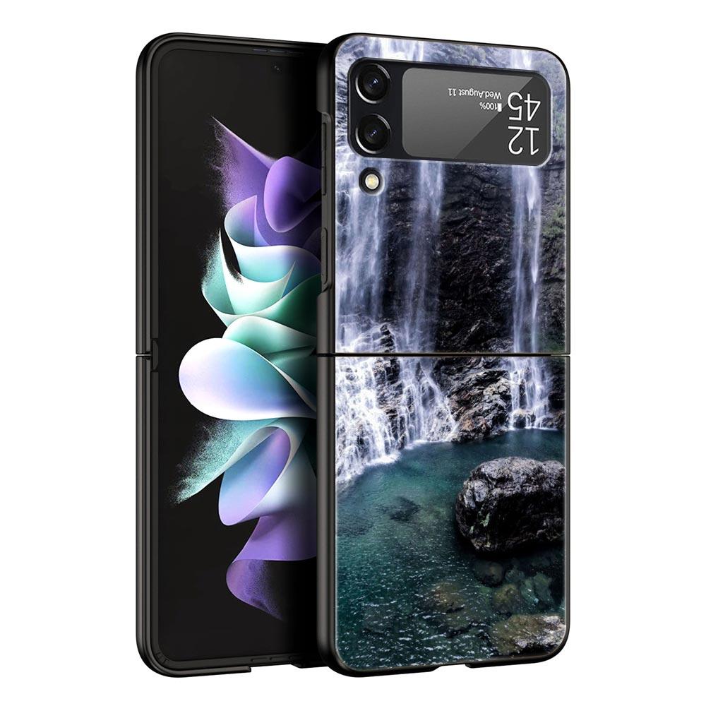 Z Flip 4 Phone Case for Samsung Galaxy Z Flip 3 5G ZFlip3 Flip3 Zflip Flip4 Black Hard Cover Waterfall Nature Trees Ship Shell