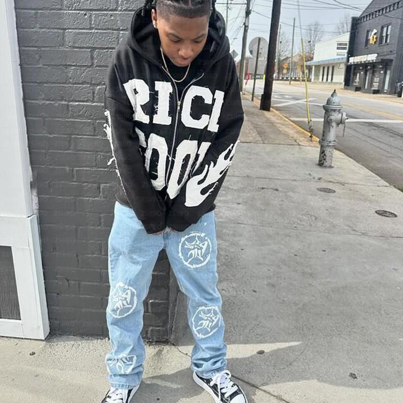 Unisex Hooded Zip-Up Sweatshirt With Letter Print Loose Fit Streetwear Casual Pullover