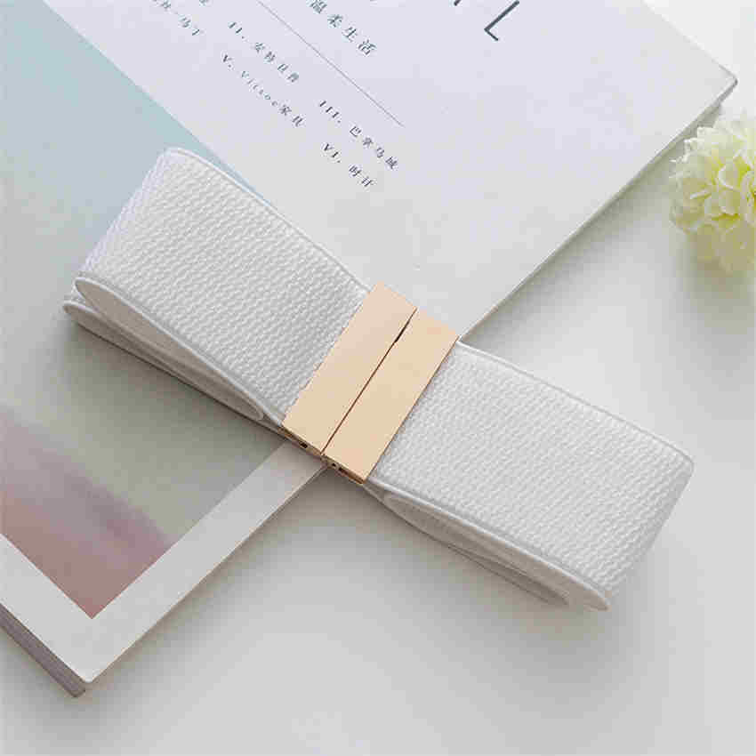 

Fashion Females Elastic Wide Belt Women Waistbands Black Strap Gold Buckle Cummerbund білий