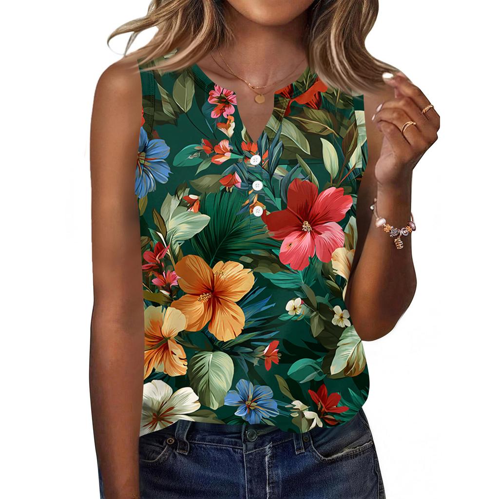 Women's Fashionable Casual Hawaiian Print Sleeveless Button Vest Top