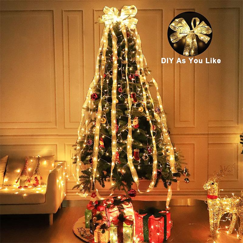 Christmas LED Silk Ribbon Lights - Double Layer Luminous Satin String for Tree Decorations