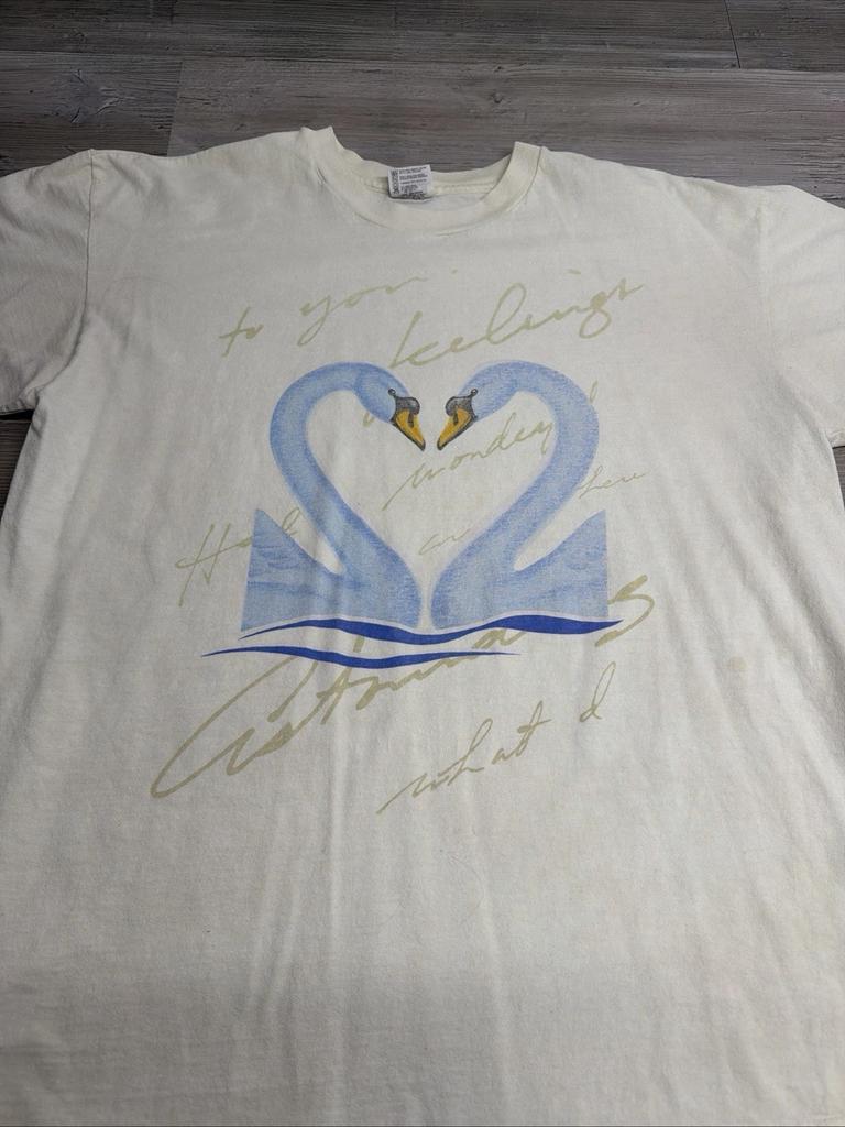 Vintage Swan Love Stamp Shirt Mens XL White 90s Heart Single Stitch USA Made