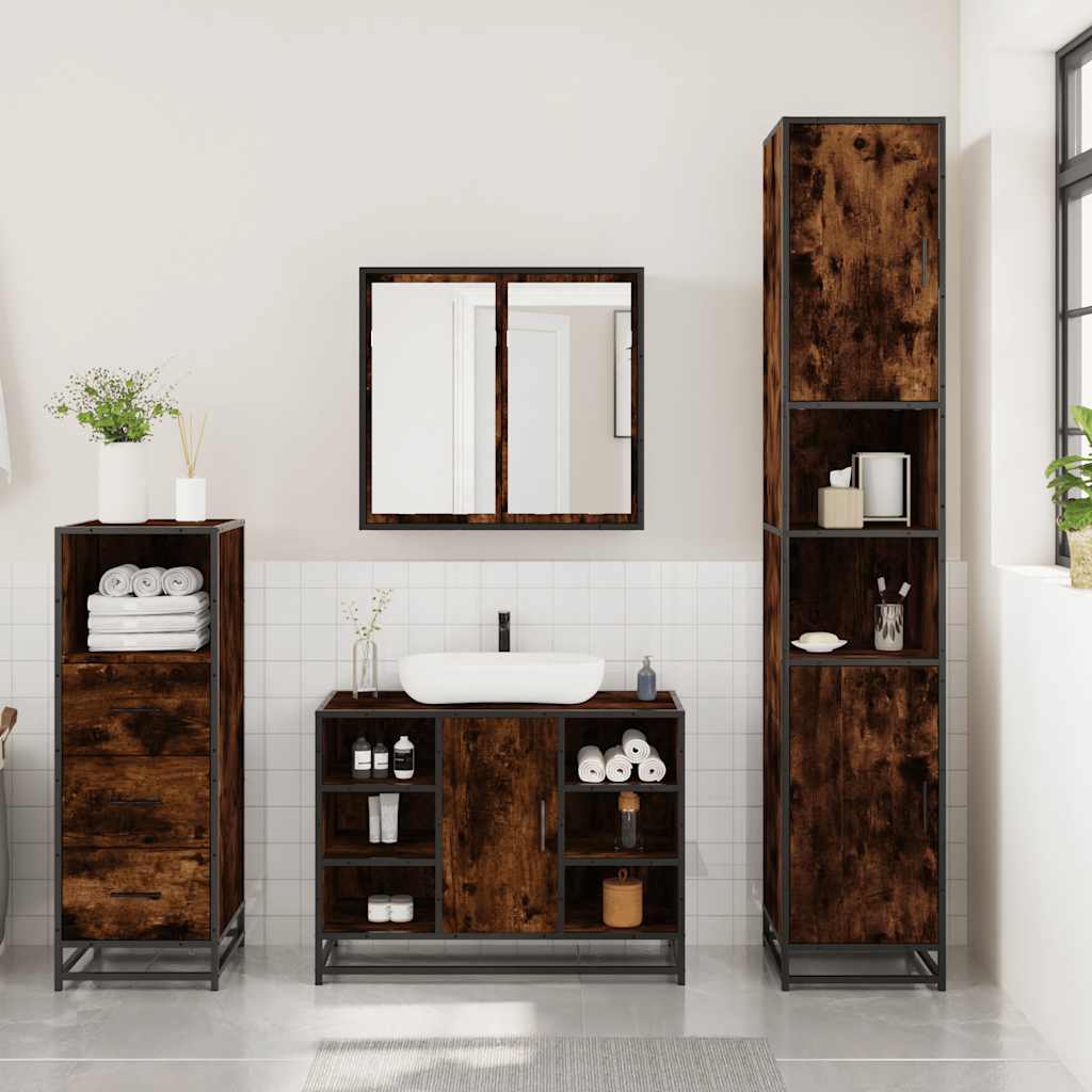 3 Piece Bathroom Furniture Set Smoked Oak Wood Based Material