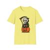 Unisex Softstyle T-Shirt – Cartoon Grim Reaper On Pumpkin – Funny Halloween Tee