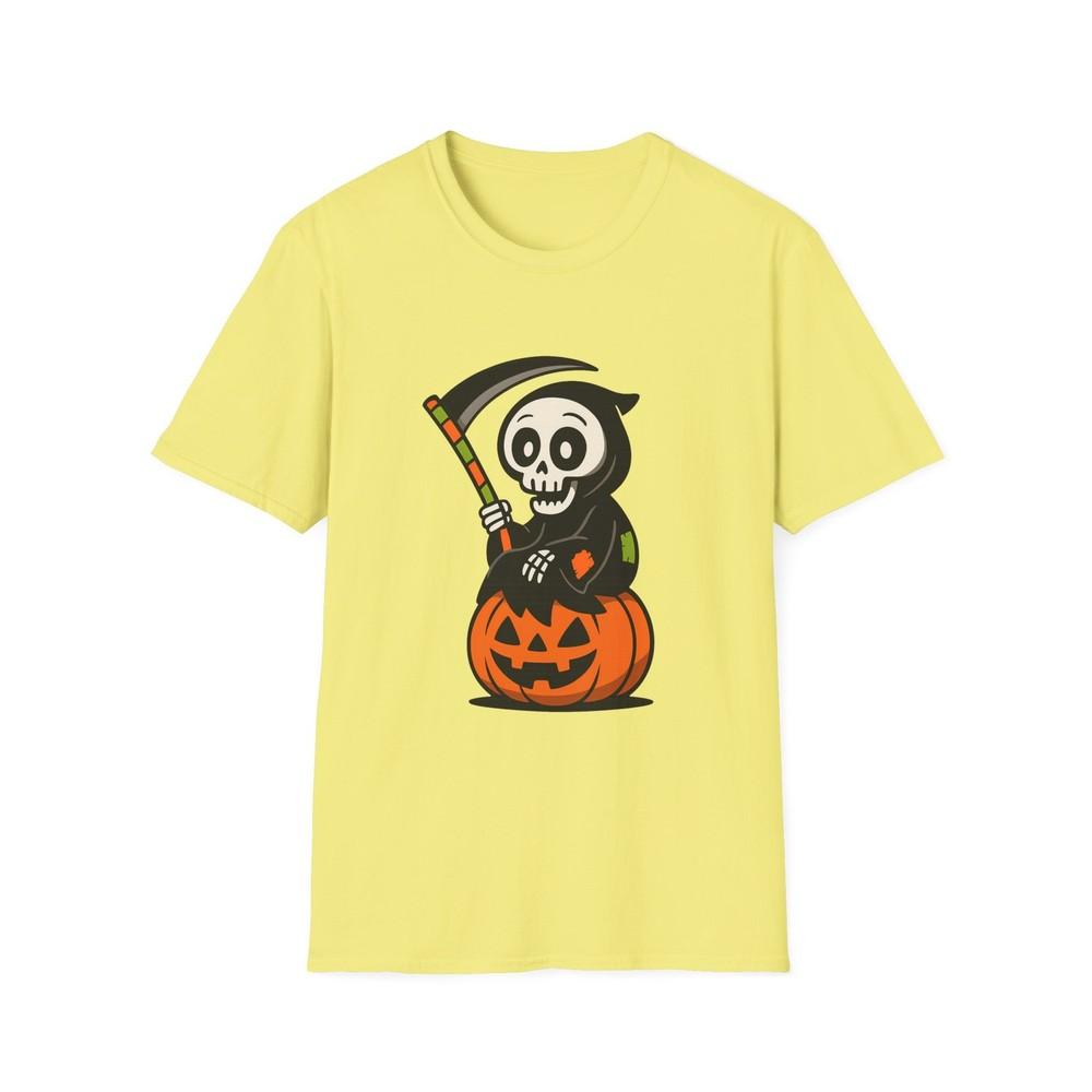 

Unisex Softstyle T-Shirt – Cartoon Grim Reaper on Pumpkin – Funny Halloween Tee 4XL