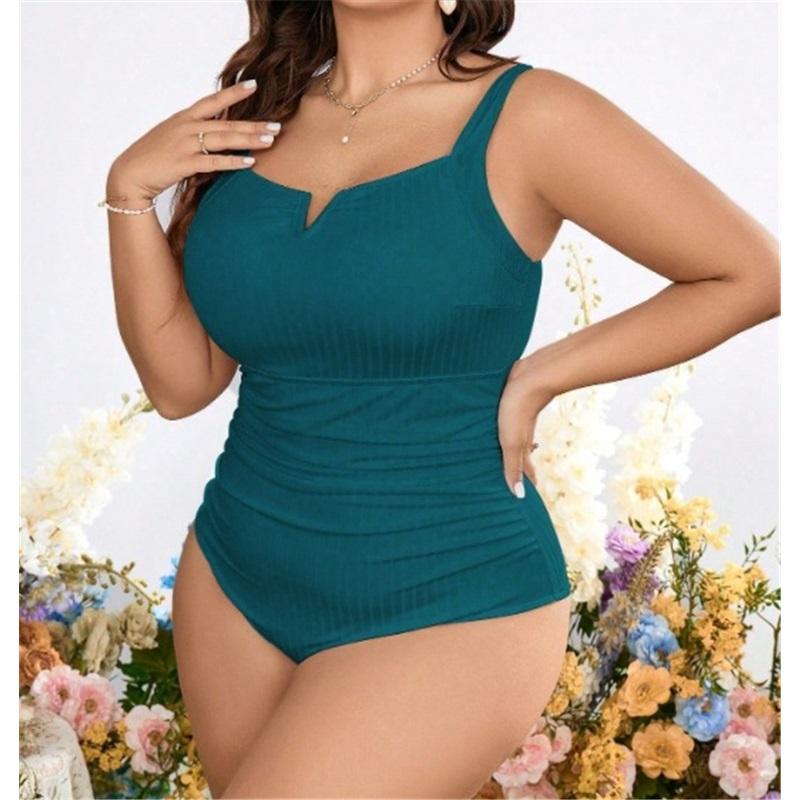 Women's Plus Size Ribbed One Piece Swimsuit, V Notch Tummy Control Triangle Bathing Suit