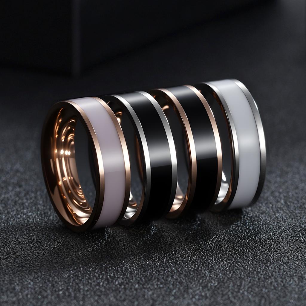 Simple Black And White Plated Titanium Steel Couple Rings 6mm Drip Oil Design