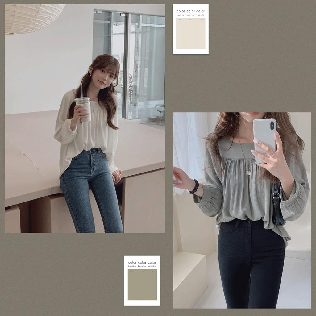 [SYitong] Flowy Chiffon Long-Sleeve Shirt Top for Women, Lightweight, Korean Style, Cute, Spring/Autumn, Square Neck, Office, Commuting, School, Casua