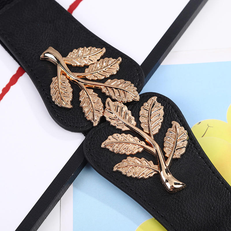Women's Waist Belts Retro Waistband Golden Leaf Elastic Waist Closure with Double Hook Buckle Wide Belt Fashion Elegant Women Belt for Skirt