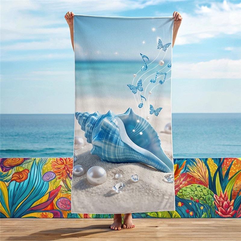 Blue Seashell Beach Towel with Music Notes and Butterflies Large Absorbent Towel for Pool and Beach