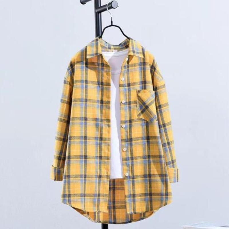 Spring and Autumn Plaid Shirt Women's Loose Versatile Slimming Harajuku Style Brushed Long Sleeve Top Jacket