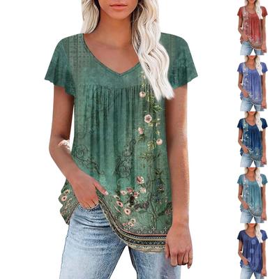 Women's Tunic Tops Elegant Casual Summer Short Sleeve Shirts Floral Loose Pleated Bohemian Tops