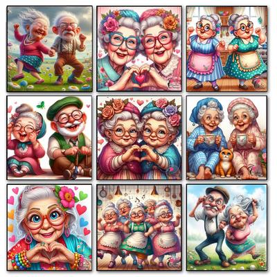 Entzückendes Happy Oma Schwestern Diamantmalerei, Voll Diamant Mosaik Kreuzstich Set Stickerei, Alte Dame Spätes Leben Heimdeko