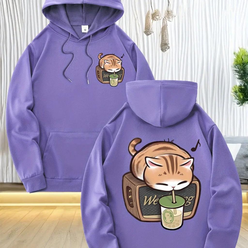 2025 kusů pánských módních mikin s kapucí, s roztomilými potisky spící kočky, z měkkého polyesterového materiálu, přední kapsa s kang
