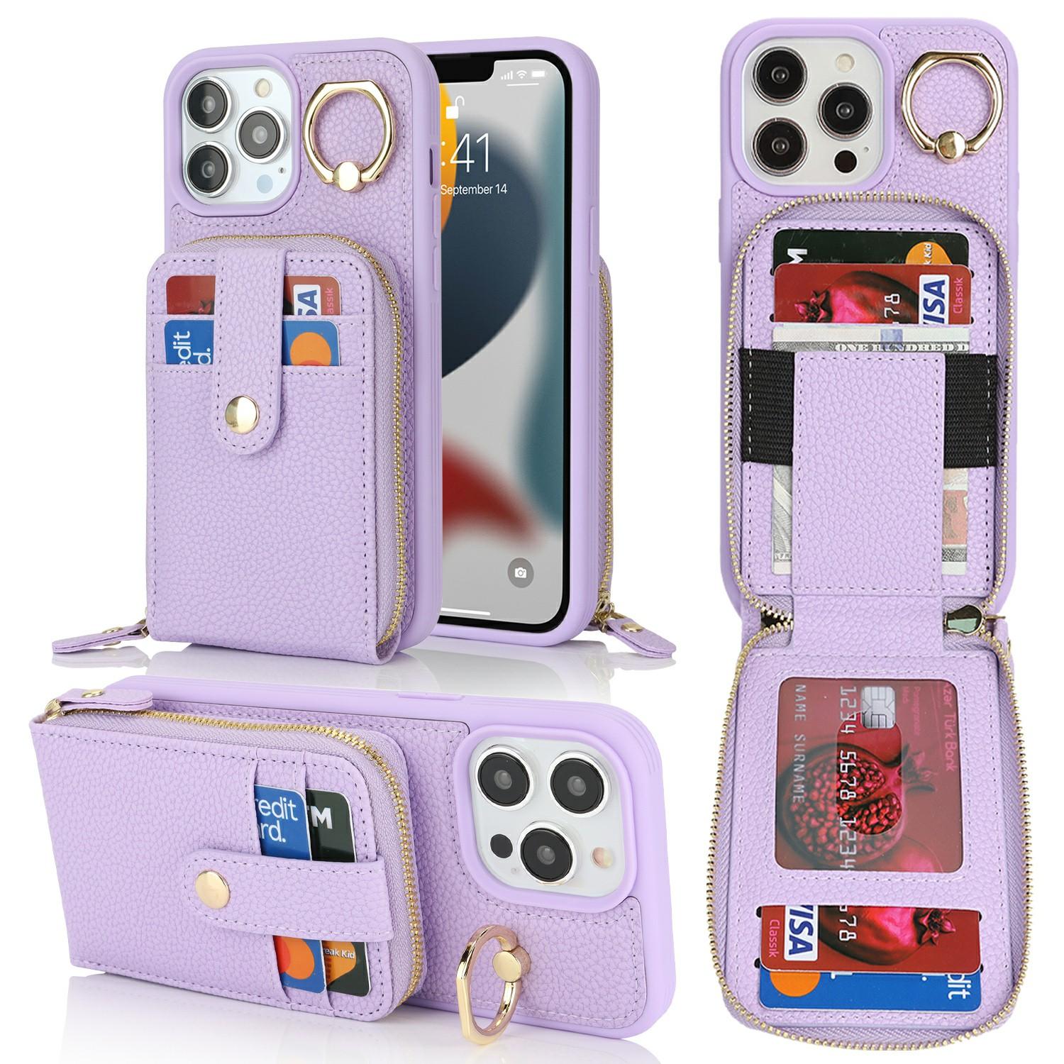 

For iPhone 13 Pro Max/12 Pro Max Case with Zipper Pouch/Ring Kickstand/Strap Litchi Texture PU+TPU Phone Cover Purple