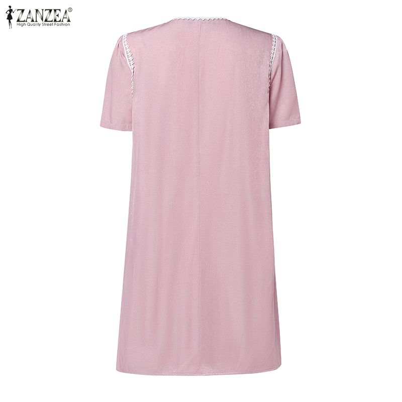 ZANZEA Womens Casual Round Neck Summer Short Sleeve Dress