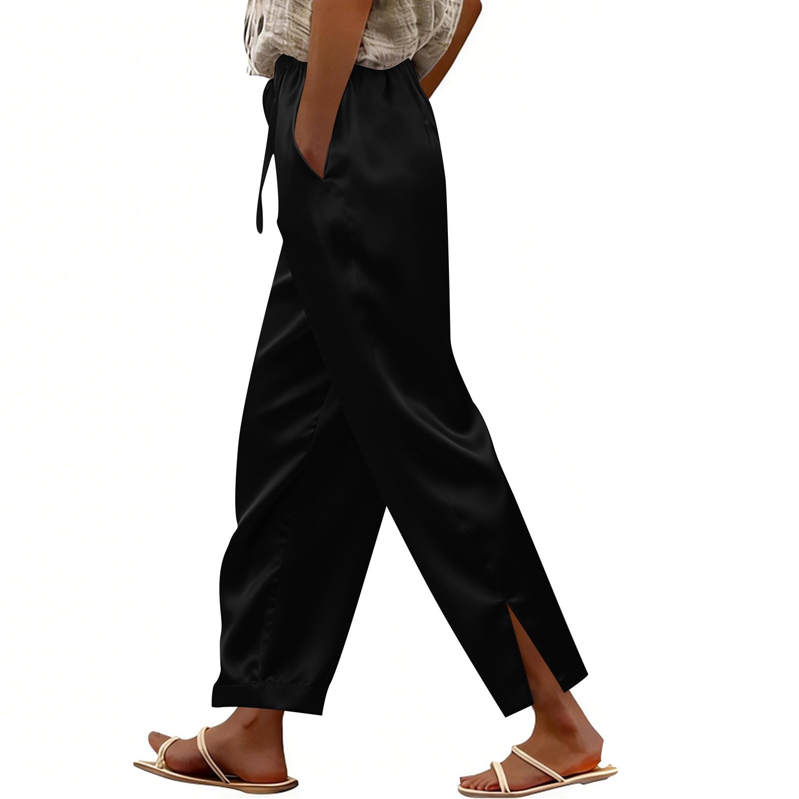 

Women s Casual Satin Loose-Fit Slacks With Elastic Drawstring And Side Slit M чёрный