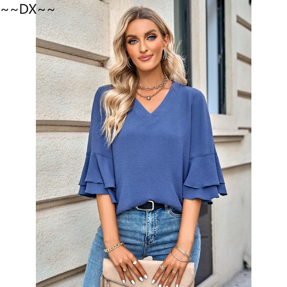 

DX-модный трансграничный весенне-летний европейский/новый однотонный свободный топ с v-образным вырезом и рукавами с рюшами для внешней торговли, женская одежда XL