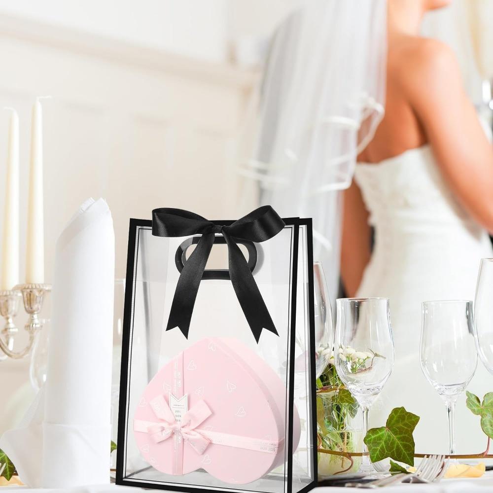 8pcs Transparent Gift Bags with Die-Cut Handles Reusable PVC Plastic Bags with Black Ribbon for Weddings Birthdays Graduations Gifts Self-tying Ribbon
