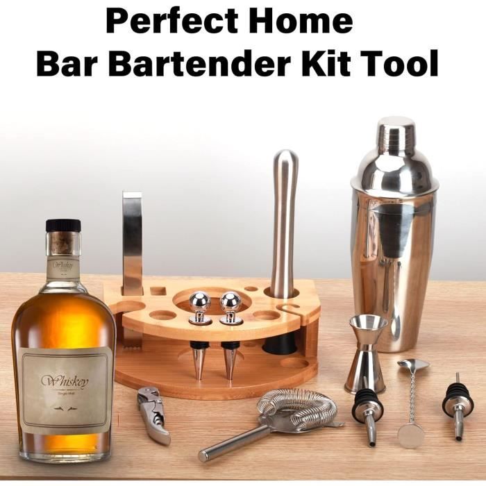 Ensemble de cocktails - Inox - 12 pièces - Support en bois - 750 ML - Durable et polyvalent
