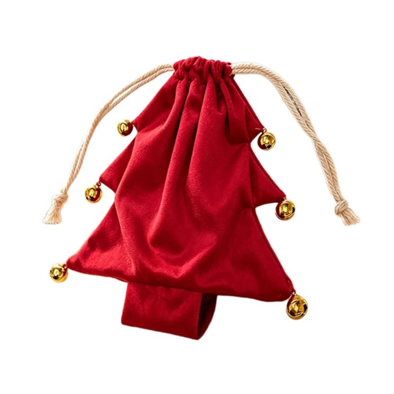Soft Fabric Christmas Treat Bag Tree Ornament with Pull Cord Opening for Small Gifts and Holiday Table Display