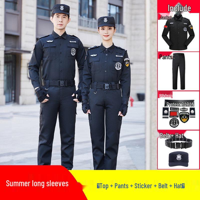 Men's Summer Security Uniform Short-Sleeve Set, Black Duty Training Attire for Property Management Community.