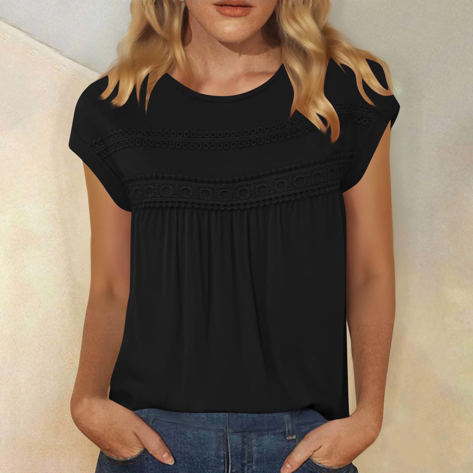 Women s  Lace  Shirts  Fashion Short Sleeve Casual  Pleated Top S чёрный