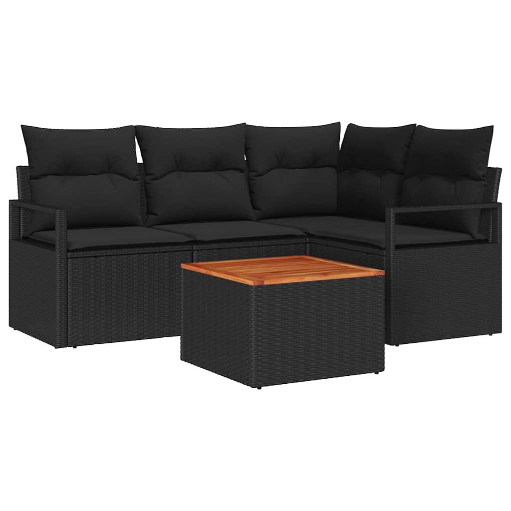 5 Piece Garden Sofa Set with Cushions Black Poly Rattan