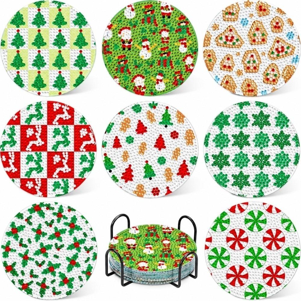 8Pcs with Metal Stand Round Art Coasters Entry-level Coaster Kit DIY Painting Coasters Gift