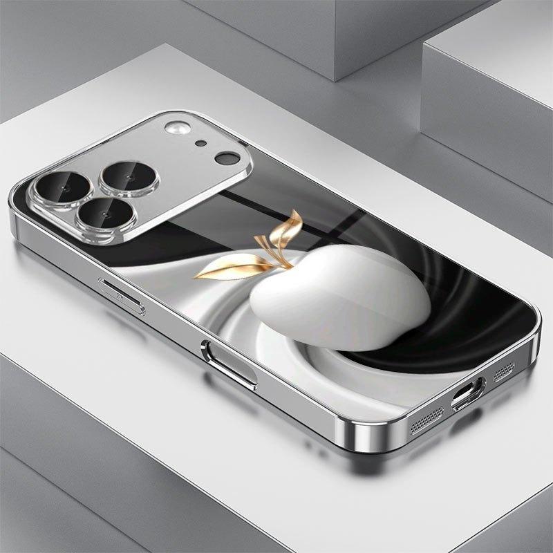 Golden Leaves White For Apples Pattern Tempered Glass Phone Case For iPhone 18 17 16 15 14 13 12 11 Pro Max 16 Plus 17 Air Cover