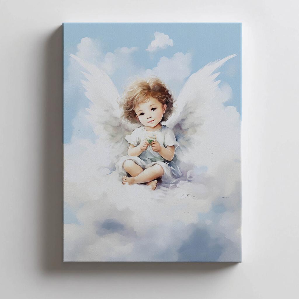 Charming Little Angel On a Cloud Charming Little Angel On a Cloud, 50X70 Cm, Light Oak Wooden Frame, Matte Paper 230 Gsm