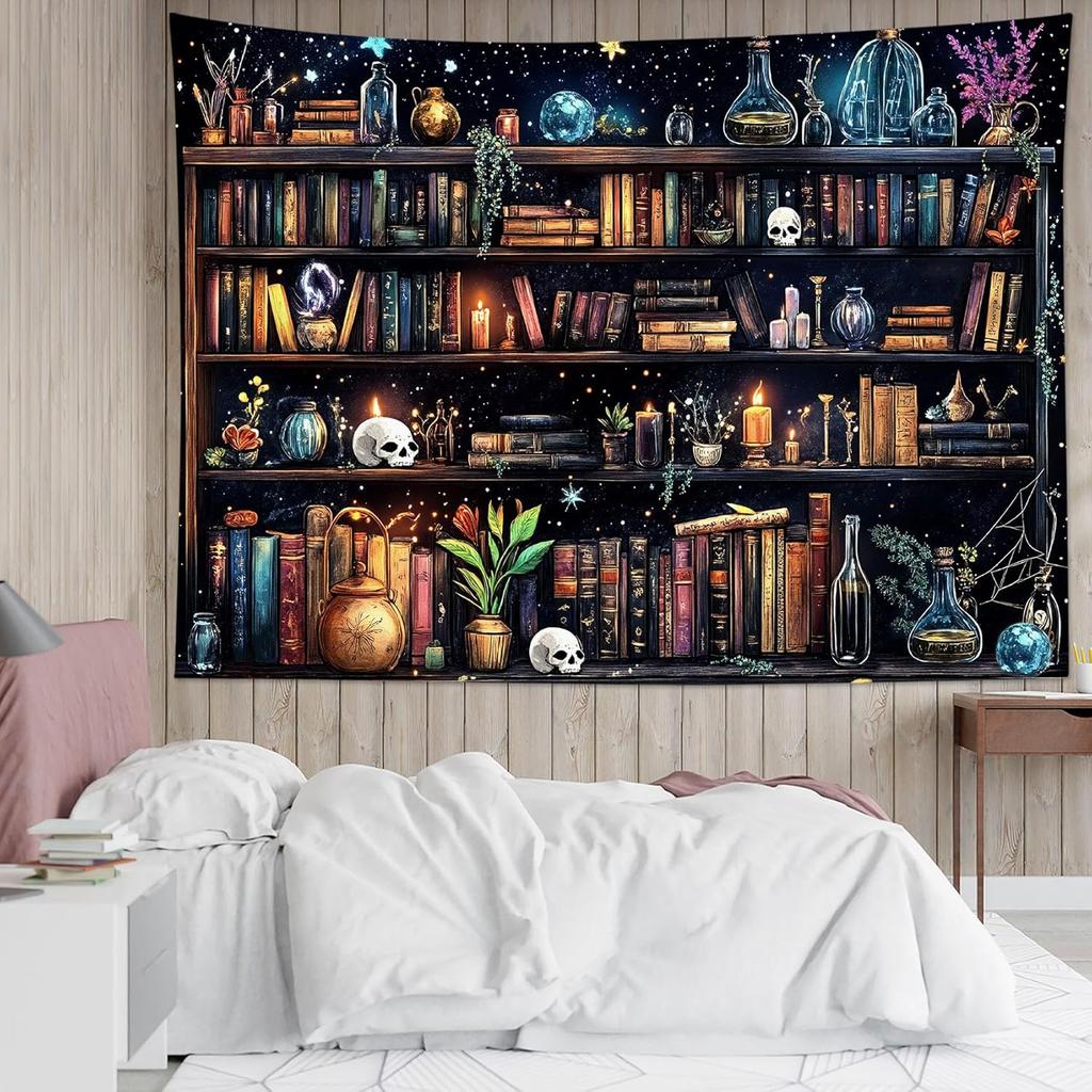 Fantasy Library Tapestry Fairytale Tree Vintage Bookshelf Tapestry for Bedroom Retro Bookshelf Book Wall Decor for Classroom