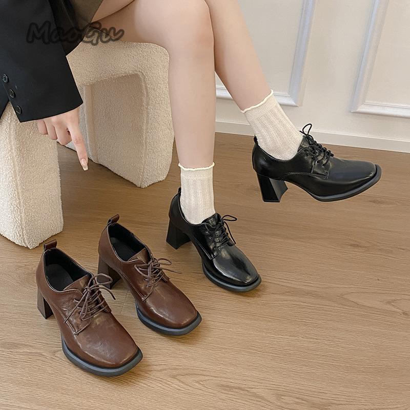Fashion Soft Leather Retro Lace Up Single Shoes for Women 2025 Spring Autumn Square Toe Pumps French Thick High Heels for Women Footwear