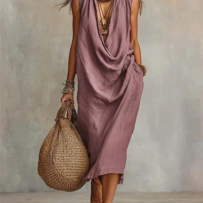 Women Casual Loose Cowl Neck Sleeveless Solid Color Long Swing Vacation Dress