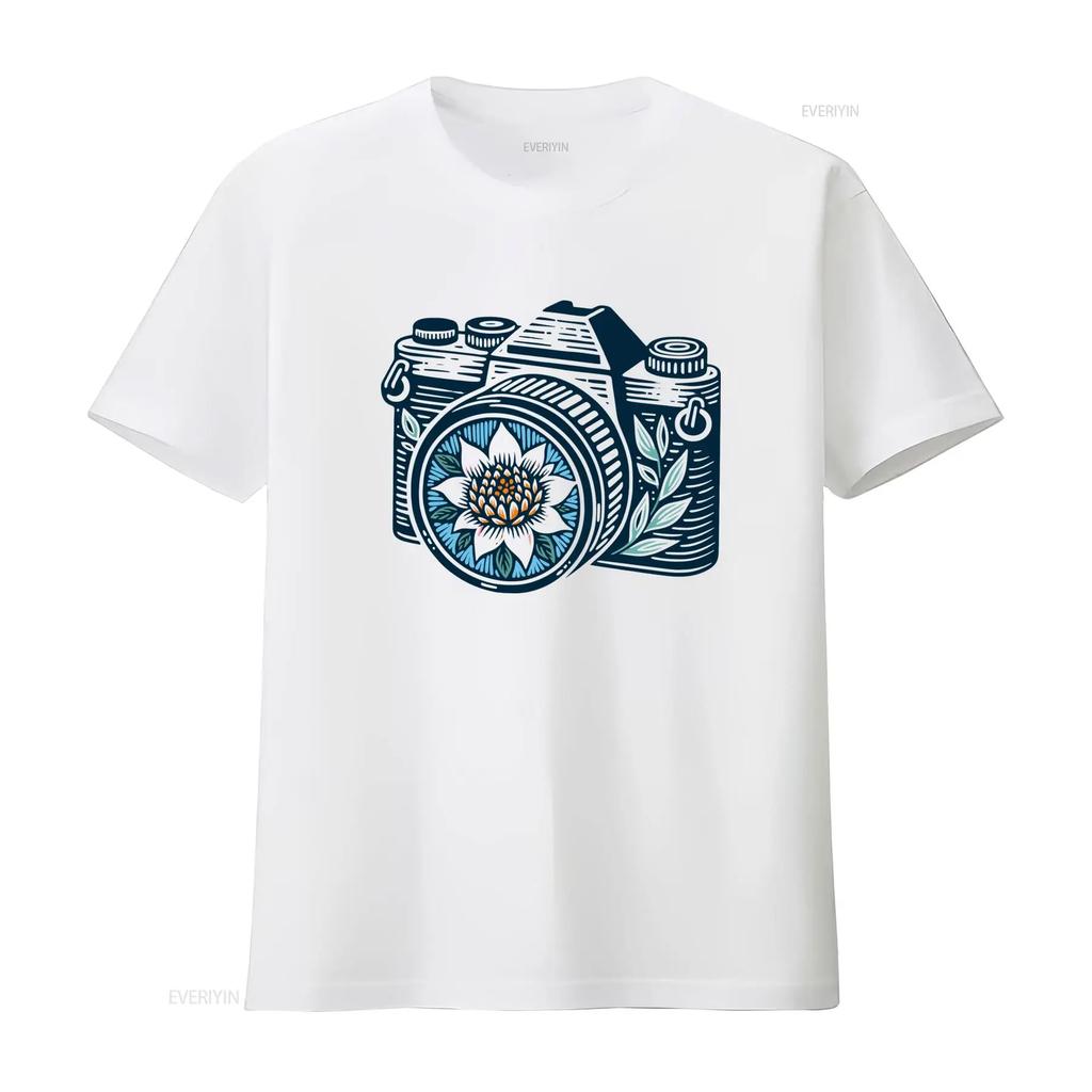 Vintage Boho Floral Camera Print Casual Photography Lover T Shirt vintage Washed fashion streetwear Slightly Breathable