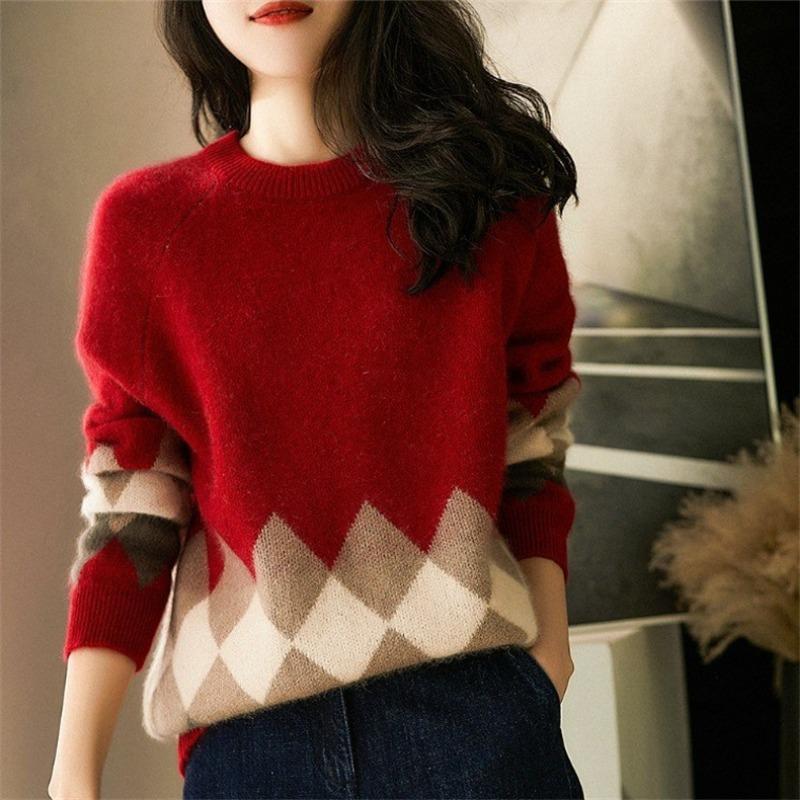 

Autumn Winter Vintage Patchwork Loose Casual Sweater Women Round Neck Bottomed Knitting Tops onesize красный
